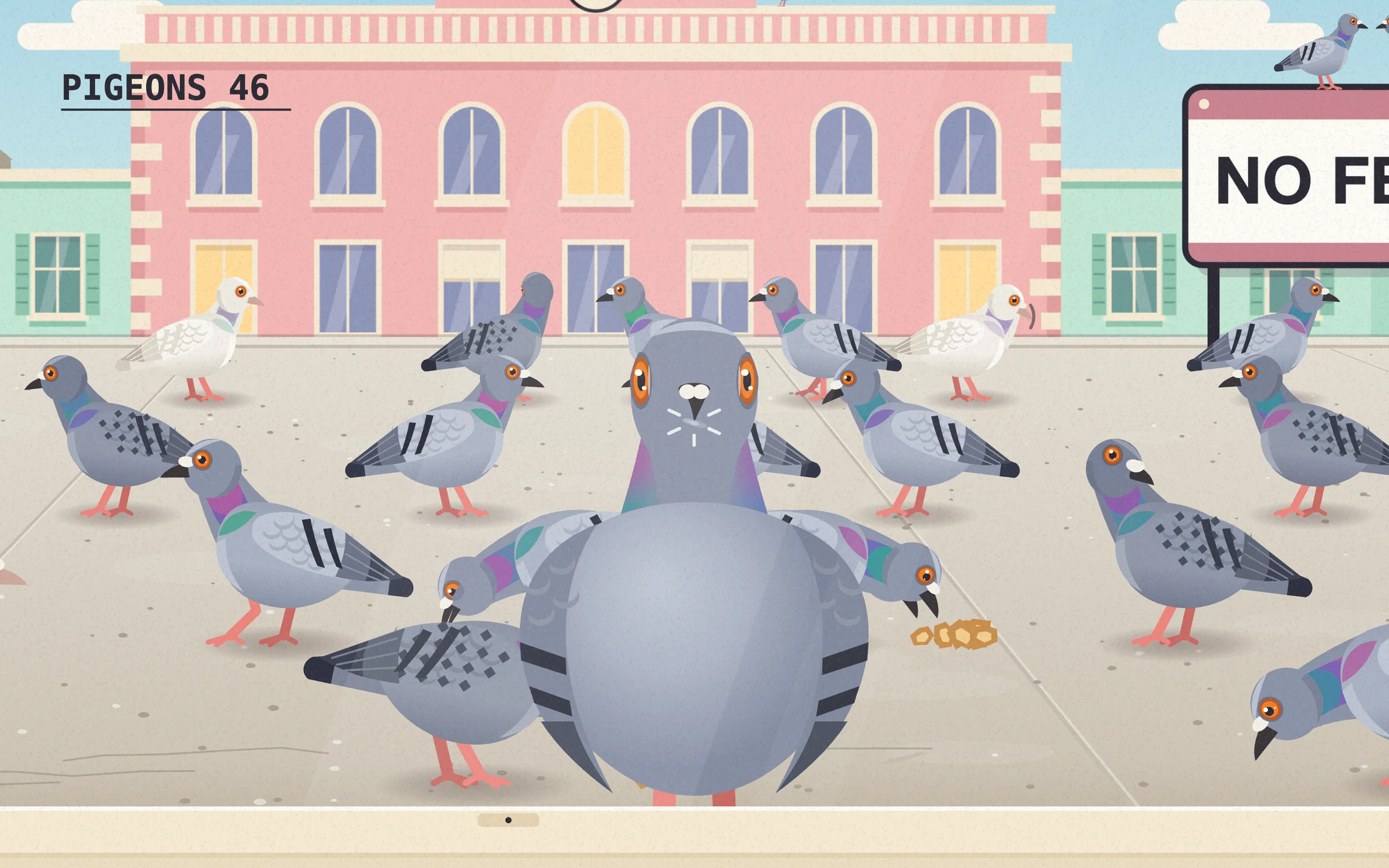A pigeon presses its face against the window and taps the glass with its beak, while a crowd of pigeons fills the ledge behind it.