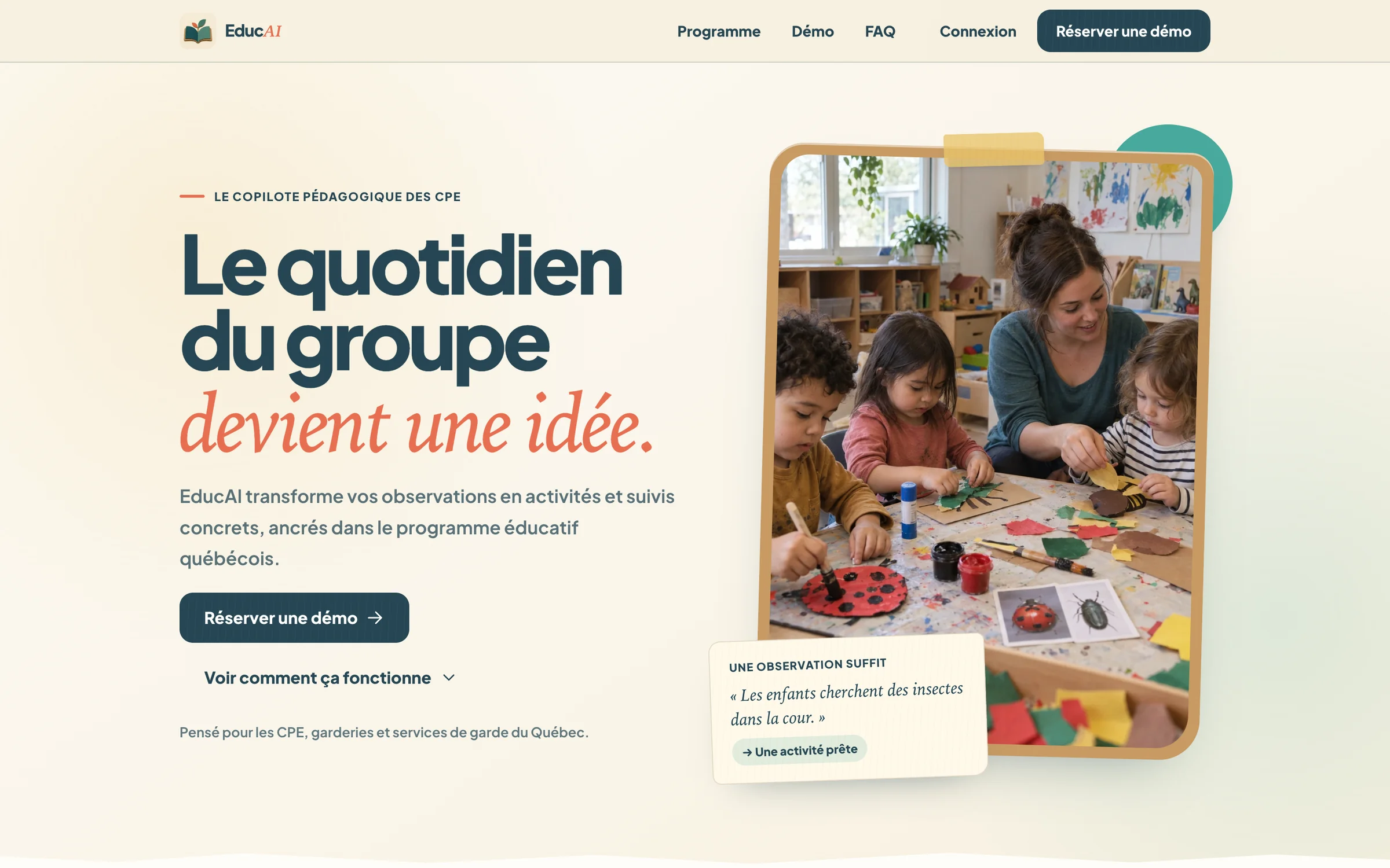 EducAI home page: “Le quotidien du groupe devient une idée.”, next to a photo of an educator and children painting ladybugs.