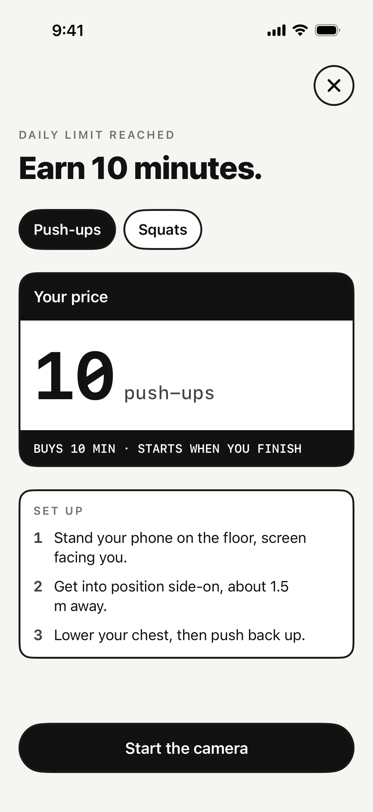 ScrollRot: daily limit reached, “Earn 10 minutes.”, your price: 10 push-ups, above the set-up steps and a “Start the camera” button.
